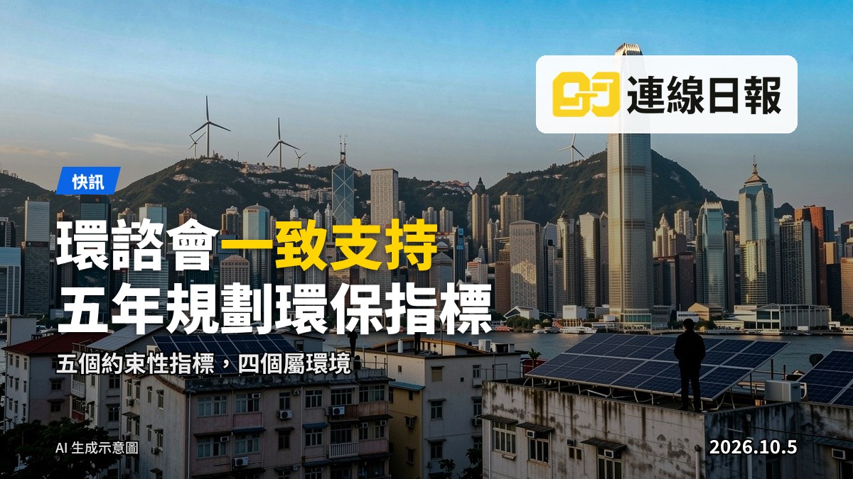 香港城市天際線，建築物屋頂裝有太陽能板，遠處山丘上設有風力發電機，天色晴朗