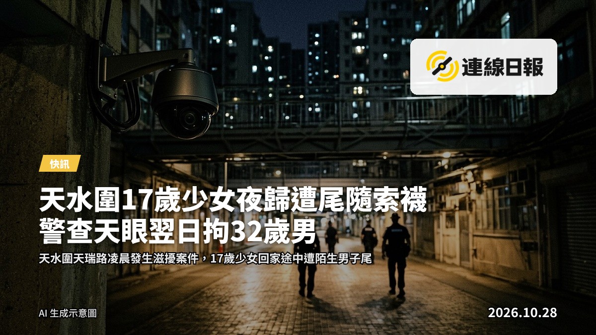 深夜昏暗街道的閉路電視鏡頭，背景為天水圍住宅大廈，象徵警方利用天眼系統追查案件。