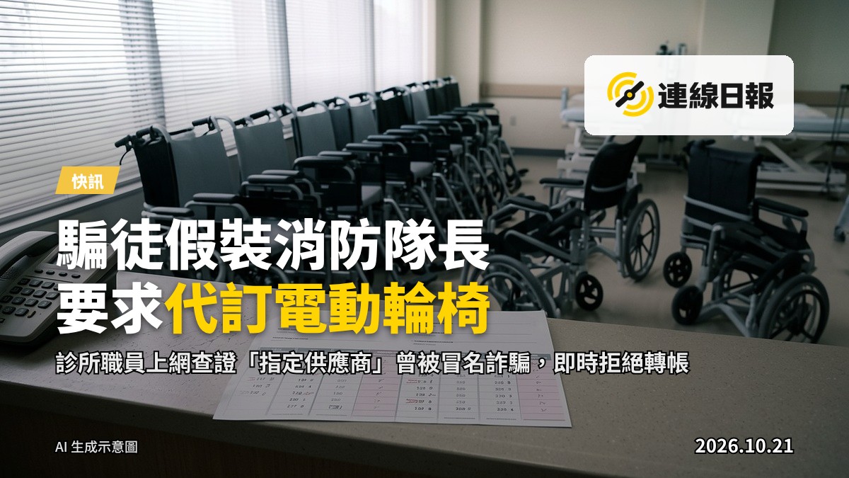 物理治療診所接待處，牆上掛有電動輪椅宣傳海報，桌上擺有電話及預約表，辦公桌後空無一人